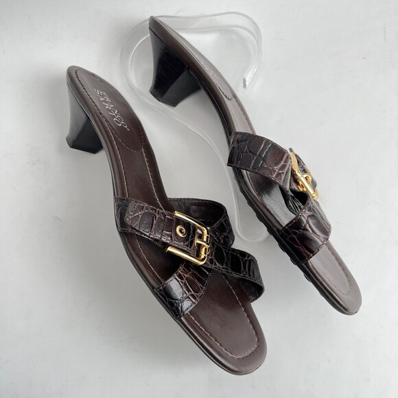 Franco Sarto Sandals Size 11M Brown Slides Gold Buckle Mules - Picture 5 of 10